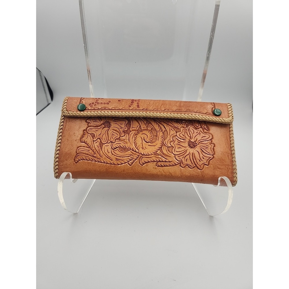 VTG Floral Hand Tooled Leather Snap Closure Purse Clutch L.H. Stamped